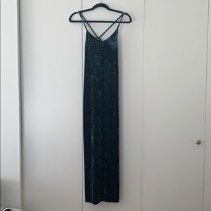 Green velvet floor length spaghetti strap dress